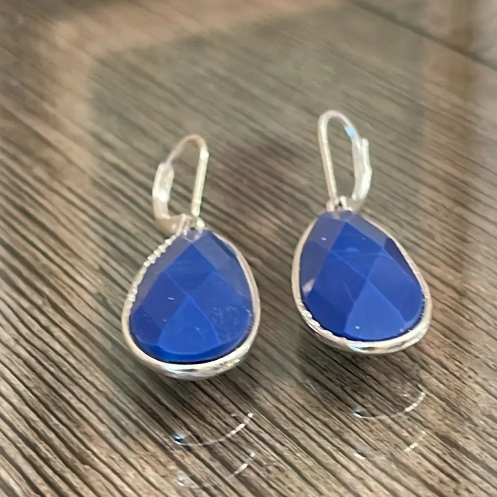 Long Silver-tone Tear Drop Lever Bag Earrings with Blue Faceted Gem